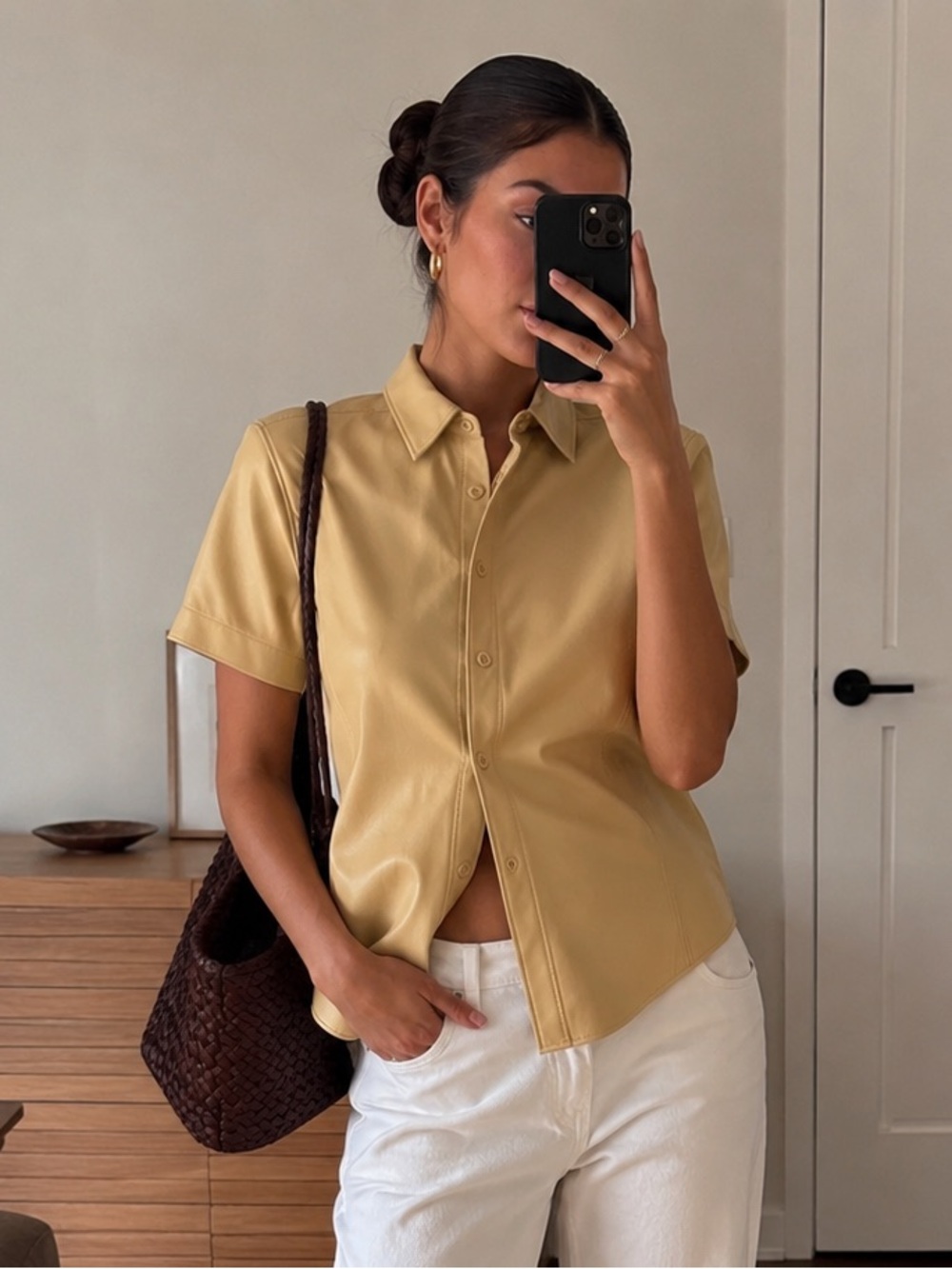 Babaton Faux Leather Shirt Jacket Butter Yellow Button Front Women XS